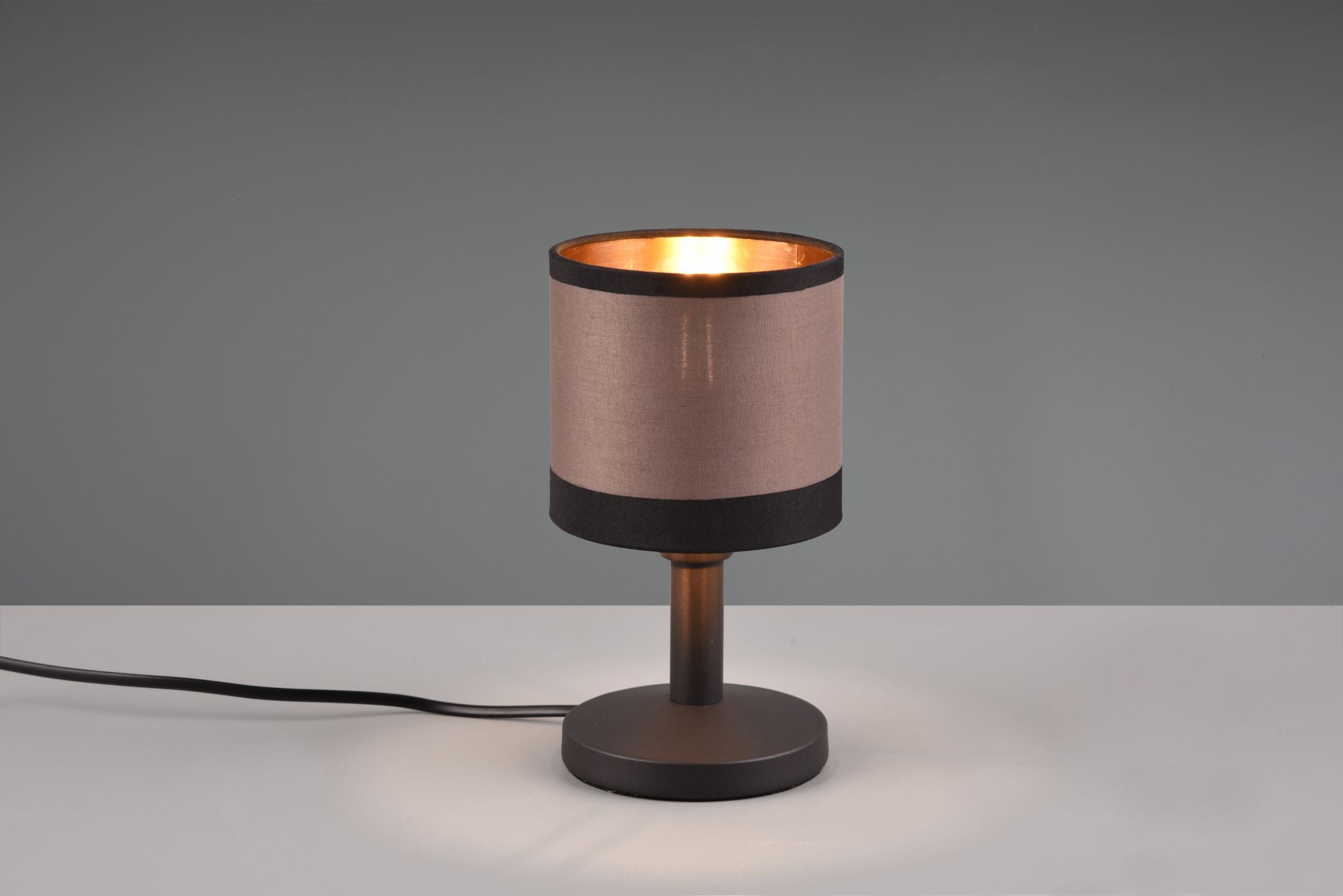 DAVOS LAMPADA DA TAVOLO METALLO NERO PARALUME TORTORA E ORO H. 22CM 1 LUCE ATTACCO E14