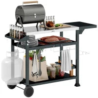 Carrello Barbecue con Tavolino Pieghevole in Acciaio Inox, 2 Ruote e Accessori, 125x65x84 cm, Nero
