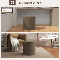 Poggiapiedi 2 in 1 con Rivestimento Rimovibile in Tessuto Effetto Lino, Ø41x41 cm, Marrone