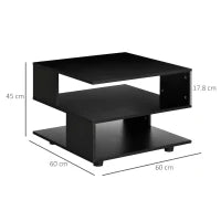 Tavolino da Caffè Asimmetrico in Legno con Ripiani e Piedini Regolabili, 60x60x45cm, Nero