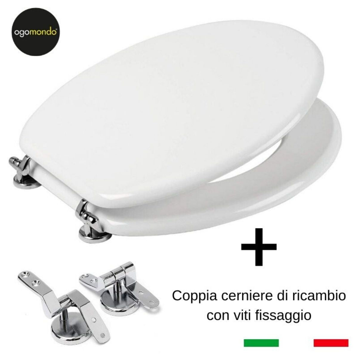 Ogomondo sedile wc mdf bianco universale sedix plus con 2 coppie di cerniere cromo in dotazione come ricambio