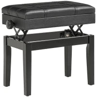 Sgabello per Pianoforte con Altezza Regolabile e Contenitore in Legno e Finta Pelle, 63x35x46-56cm, Nero