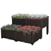 Set 4 Pezzi Fioriere da Esterno Autoirriganti Rialzate Letto da Giardino Rialzato per Fiori Effetto Rattan in PP, Marrone