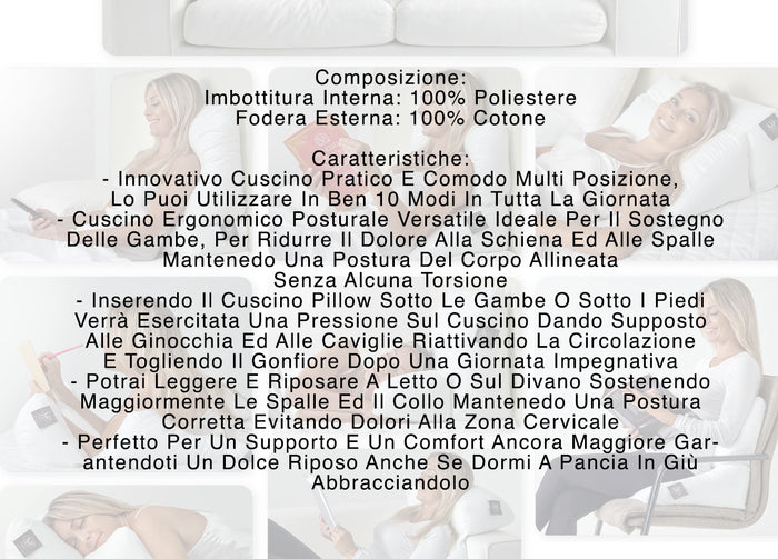 Cuscino Ergonomico Posturale Decapillow 10 Usi 1 Cuscino Multi Posizione Sostegno Gambe Spalle - Cuscino Con Federa - Bianco