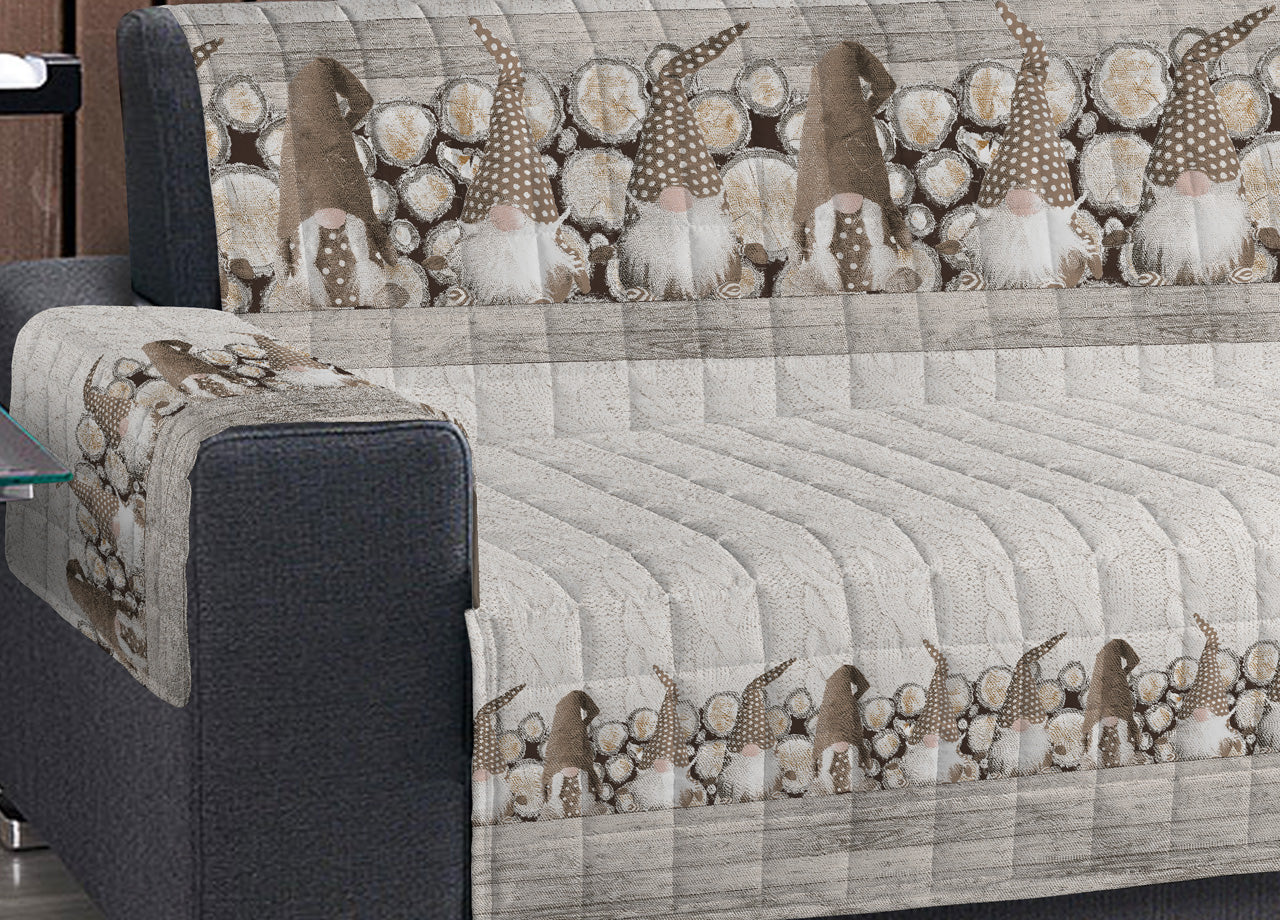 Copridivano Trapuntato Disegno Gnomi Colore Beige - 2 Posti - Beige