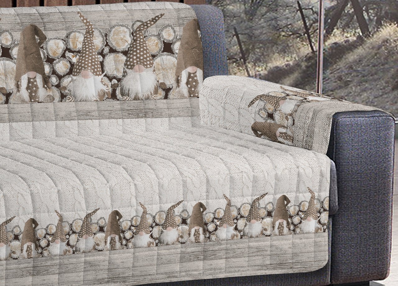 Copridivano Trapuntato Disegno Gnomi Colore Beige - 4 Posti - Beige