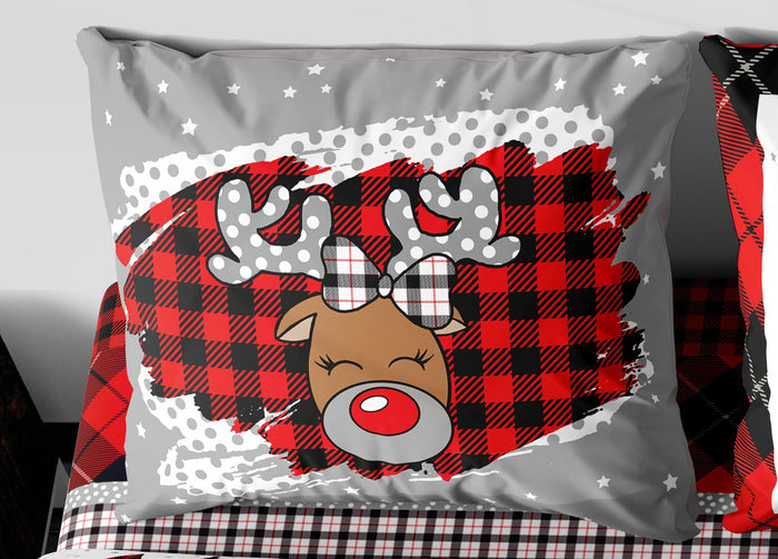 Coppia Federe Cuscino Letto 100% Cotone Disegno Renna Bottoni Laterali