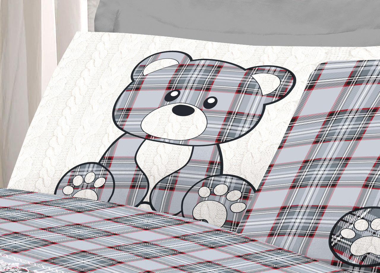 Completo Lenzuola Linea Pensieri Delicati 100% Cotone Disegno Orsetto Tartan - Piazza E Mezza - Grigio