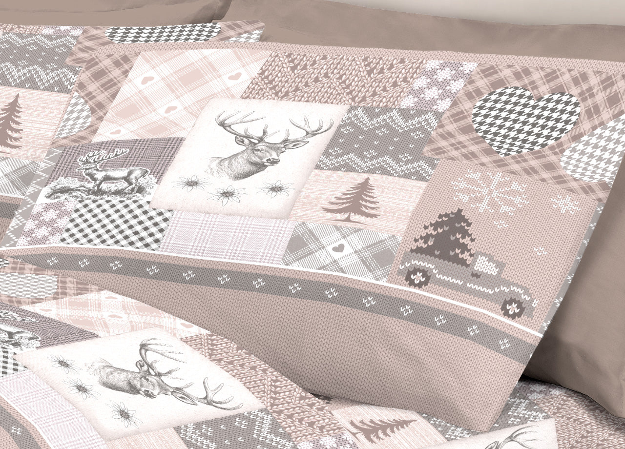 Completo Lenzuola Pensieri Delicati 100% Cotone Disegno Alpi - Singolo - Beige