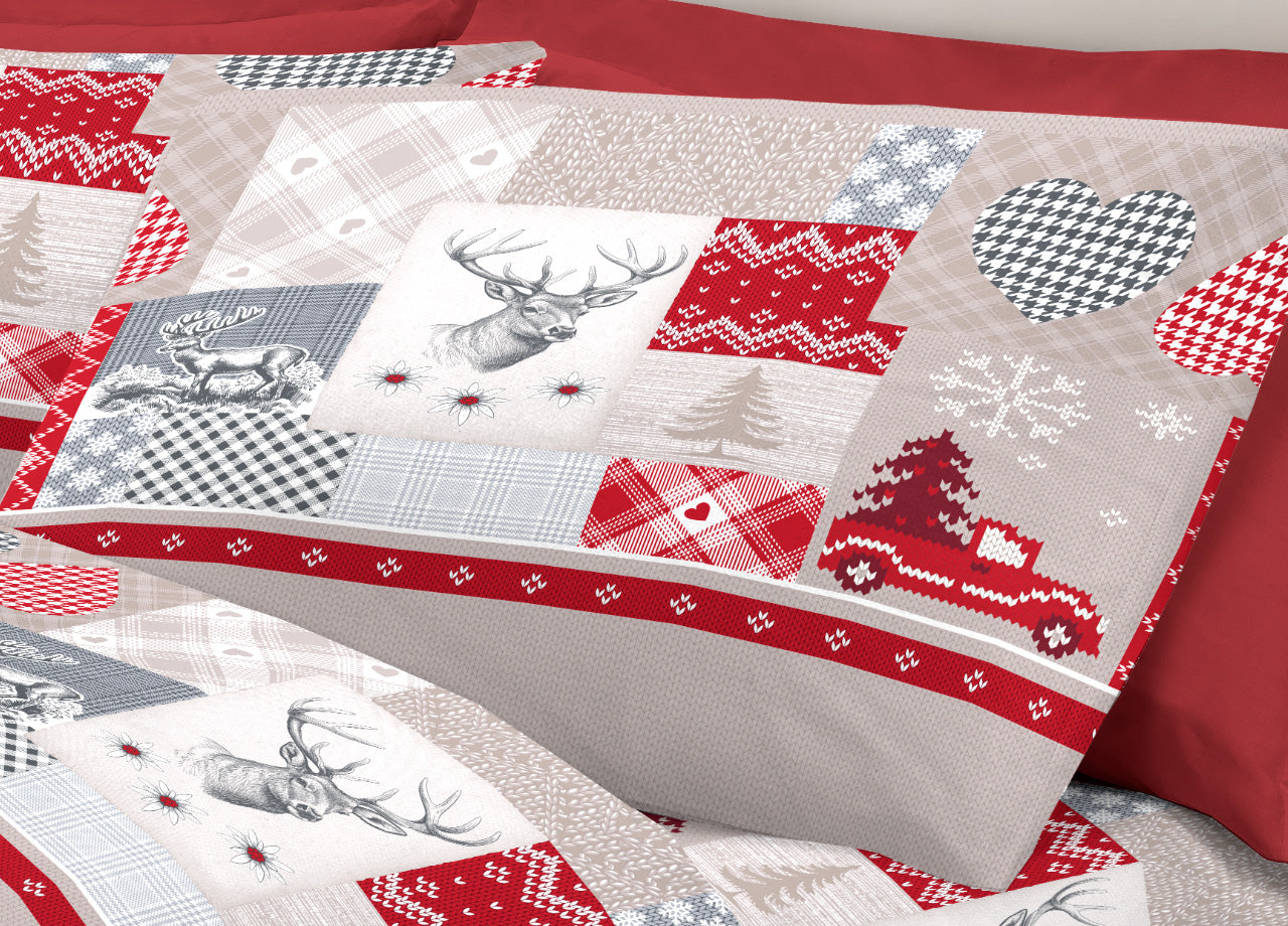 Completo Lenzuola Pensieri Delicati 100% Cotone Disegno Alpi - Piazza E Mezza - Rosso