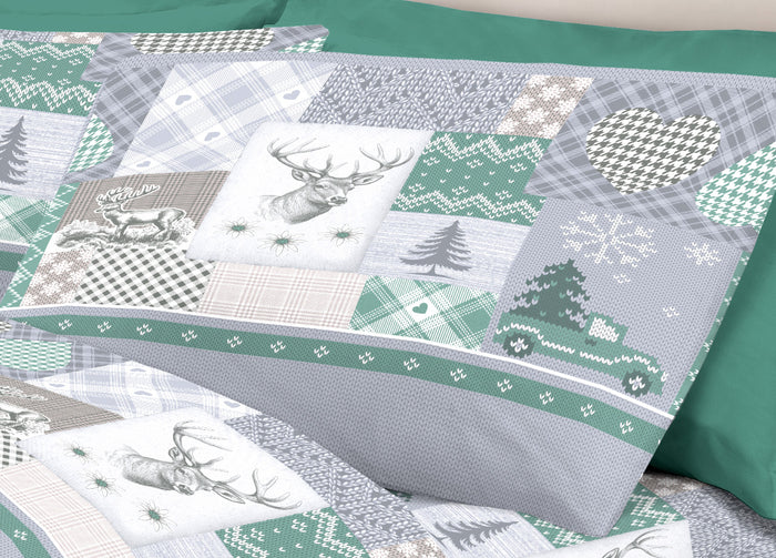 Completo Lenzuola Pensieri Delicati 100% Cotone Disegno Alpi - Singolo - Verde