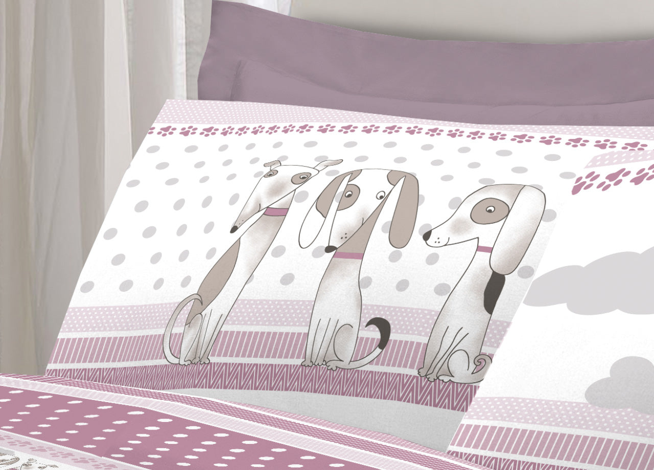 Completo Lenzuola Letto Pensieri Delicati 100% Cotone Dis. Bau Bau - Piazza E Mezza - Rosa