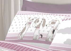 Completo Lenzuola Letto Pensieri Delicati 100% Cotone Dis. Bau Bau - Piazza E Mezza - Rosa