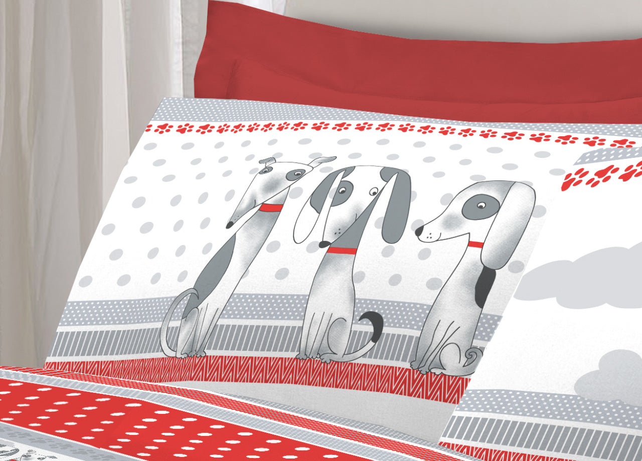 Completo Lenzuola Letto Pensieri Delicati 100% Cotone Dis. Bau Bau - Piazza E Mezza - Rosso