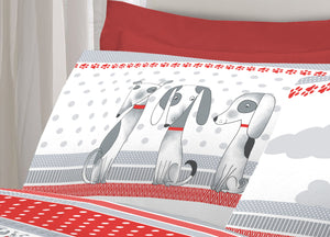 Completo Lenzuola Letto Pensieri Delicati 100% Cotone Dis. Bau Bau - Piazza E Mezza - Rosso