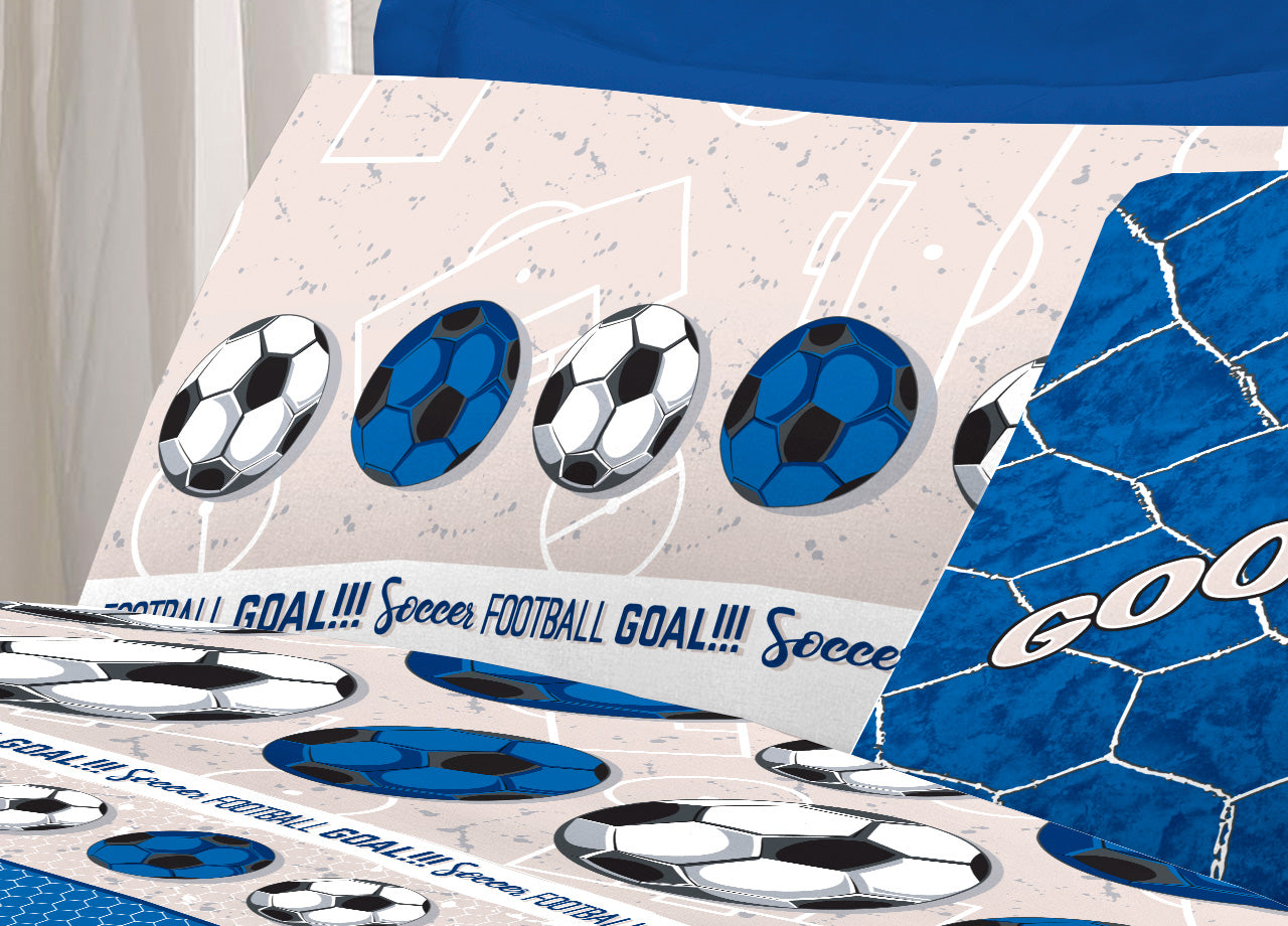 Completo Lenzuola Linea Pensieri Delicati 100% Cotone Disegno Calcio - Piazza E Mezza - Blu