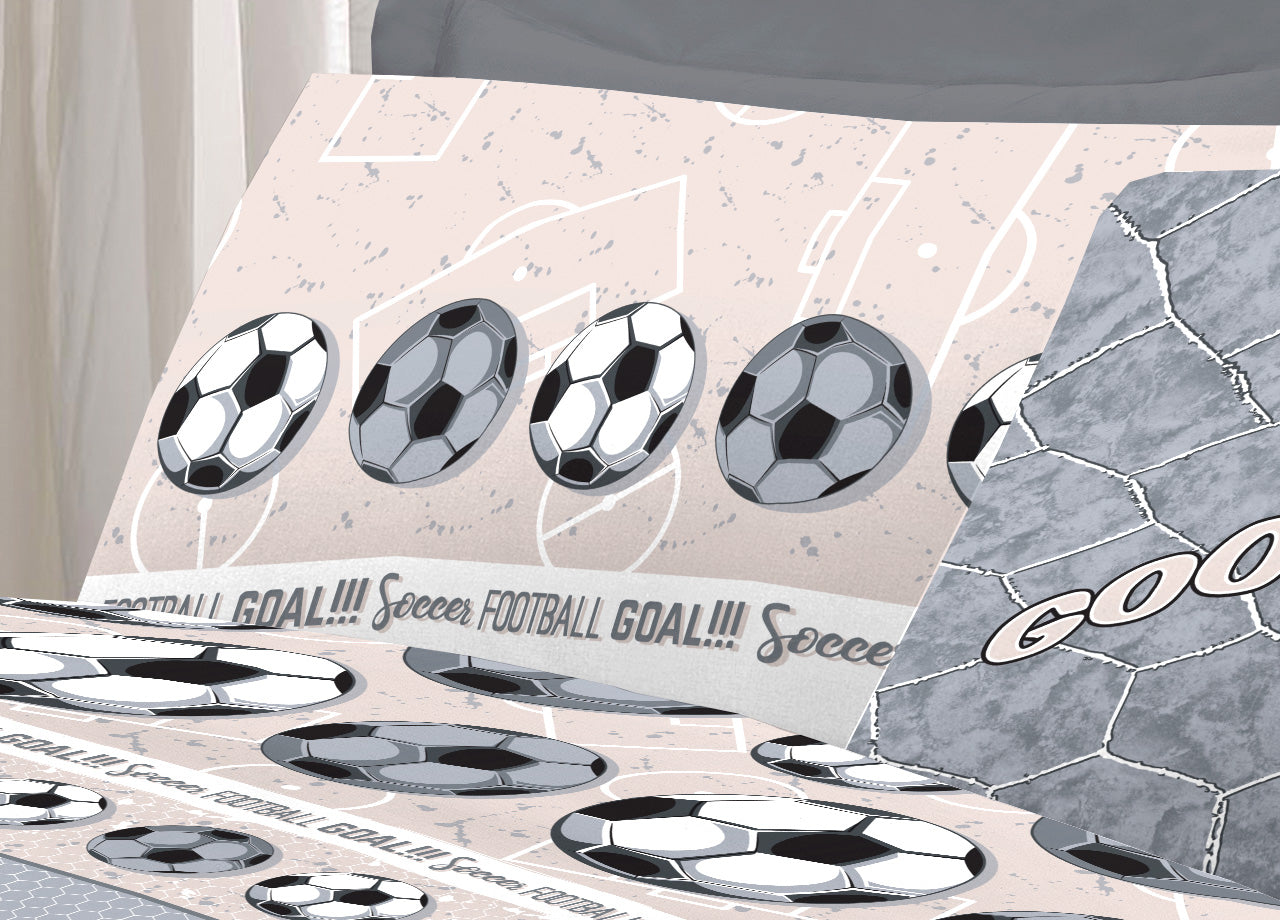 Completo Lenzuola Linea Pensieri Delicati 100% Cotone Disegno Calcio - Piazza E Mezza - Grigio