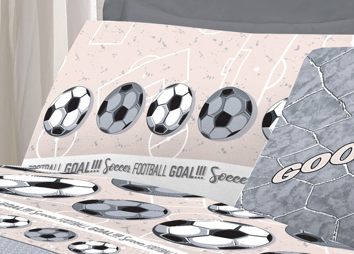Completo Lenzuola Linea Pensieri Delicati 100% Cotone Disegno Calcio - Piazza E Mezza - Grigio