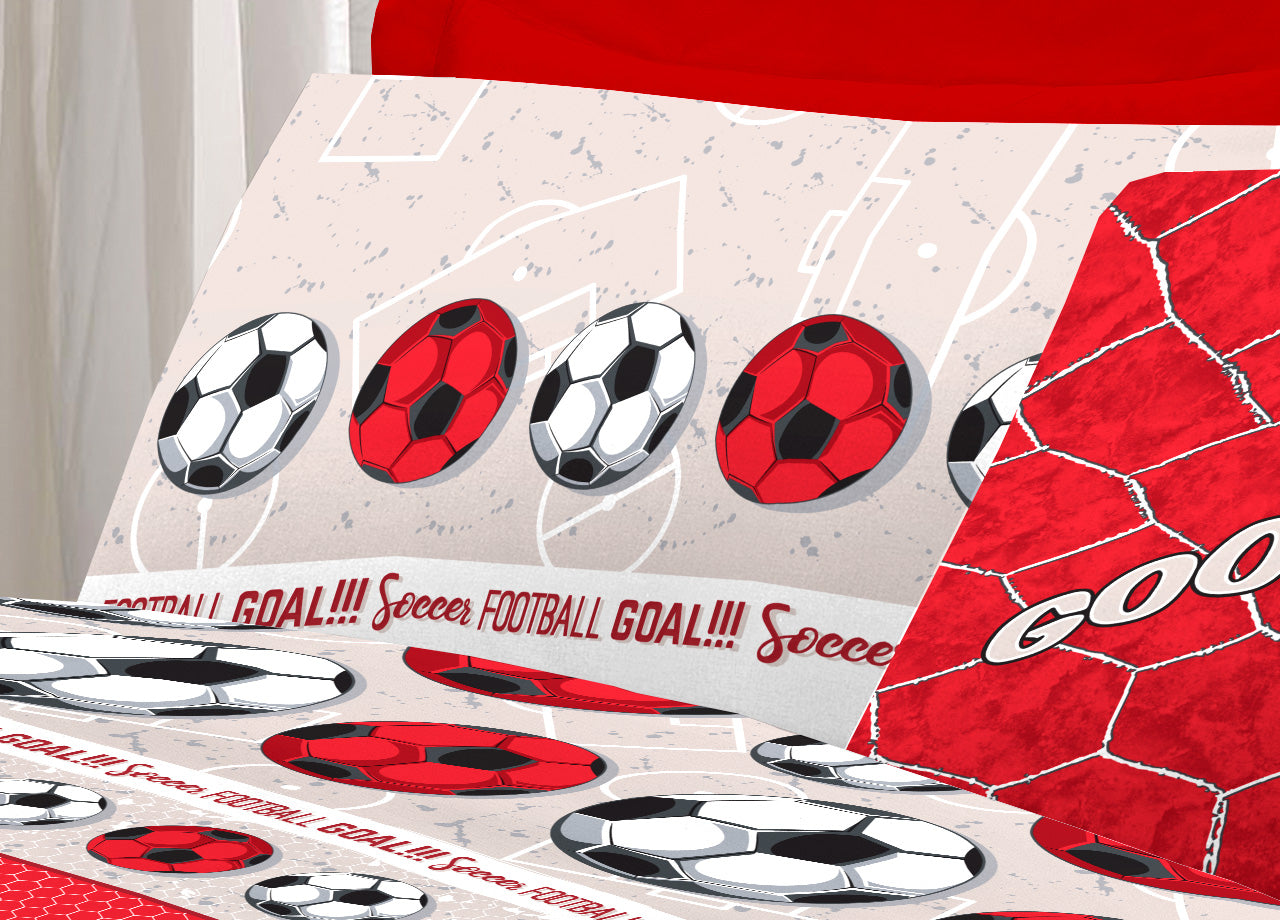 Completo Lenzuola Linea Pensieri Delicati 100% Cotone Disegno Calcio - Piazza E Mezza - Rosso
