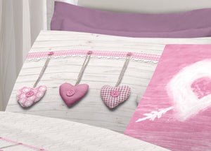 Completo Lenzuola Linea Pensieri Delicati 100% Cotone Disegno Cuore Appeso - Piazza E Mezza - Rosa