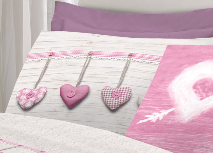 Completo Lenzuola Linea Pensieri Delicati 100% Cotone Disegno Cuore Appeso - Piazza E Mezza - Rosa