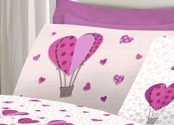 Completo Lenzuola Linea Pensieri Delicati 100% Cotone Disegno Mongolfiera - Singolo - Glicine