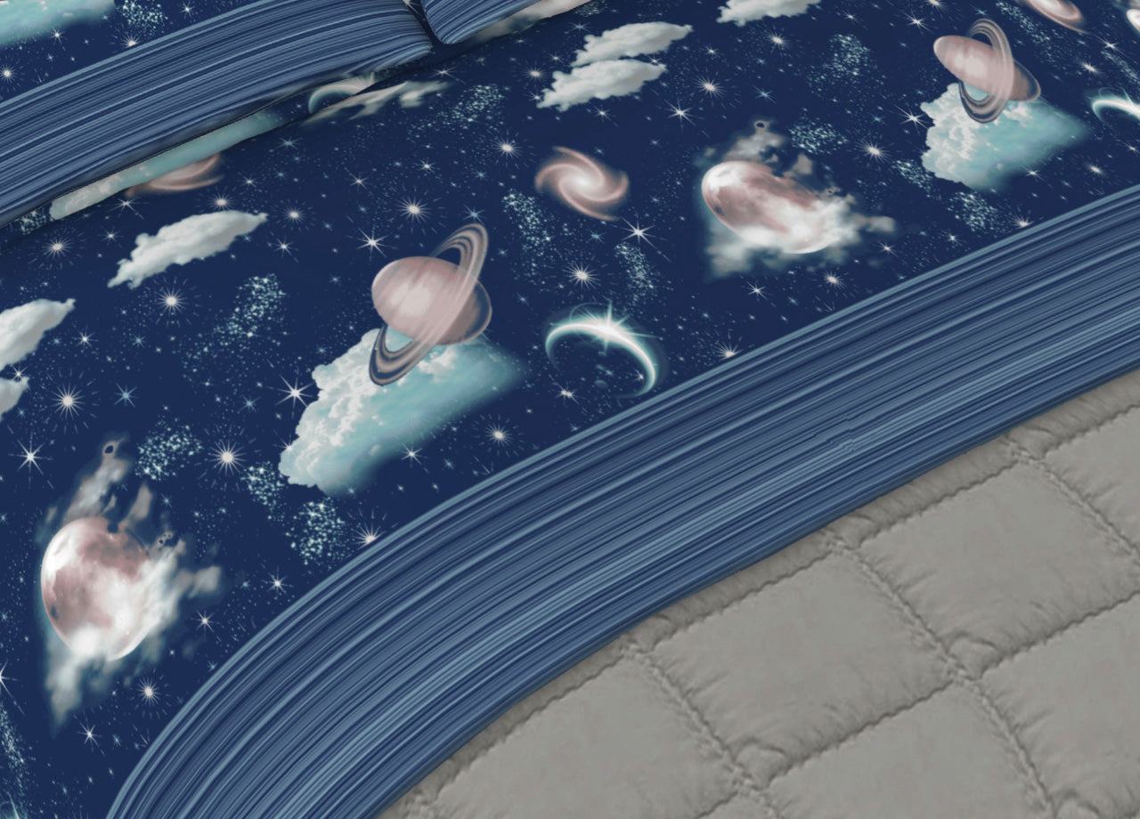 Completo Lenzuola Letto 100% Cotone Made Italy Disegno Planet CN - Piazza e Mezza - Planet