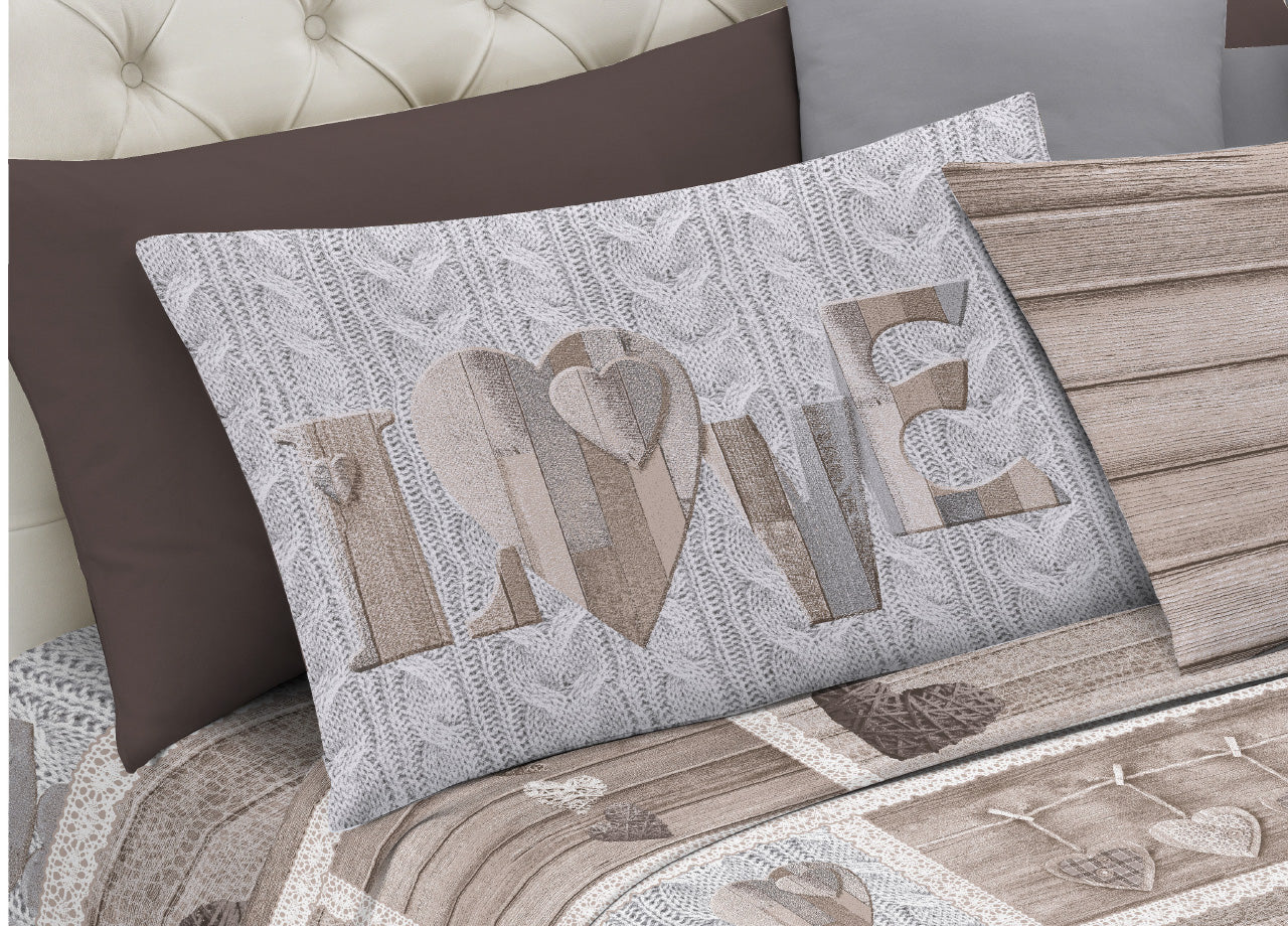 Completo Lenzuola Linea Pensieri Delicati 100% Cotone Disegno Shabby Love - Matrimoniale - Beige