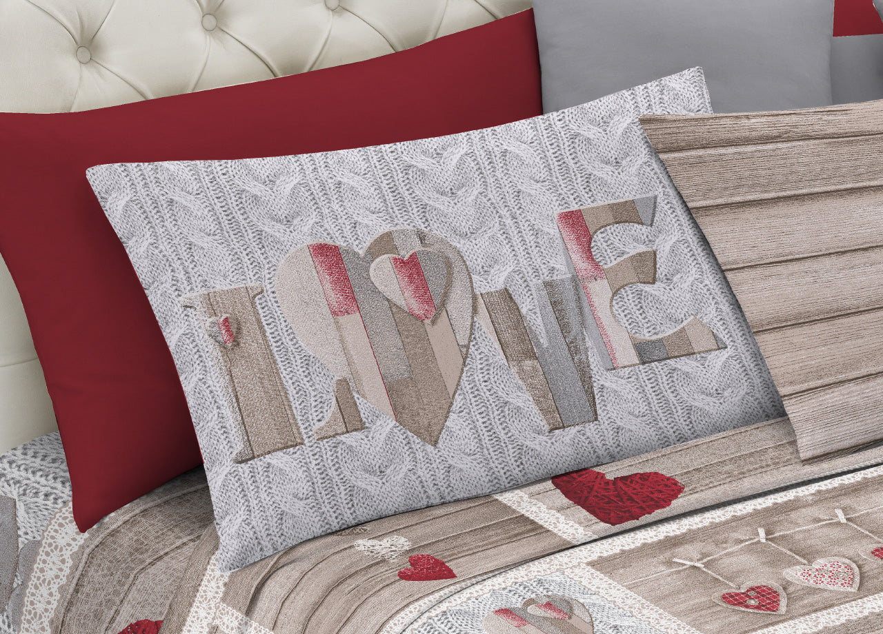 Completo Lenzuola Linea Pensieri Delicati 100% Cotone Disegno Shabby Love - Singolo - Rosso