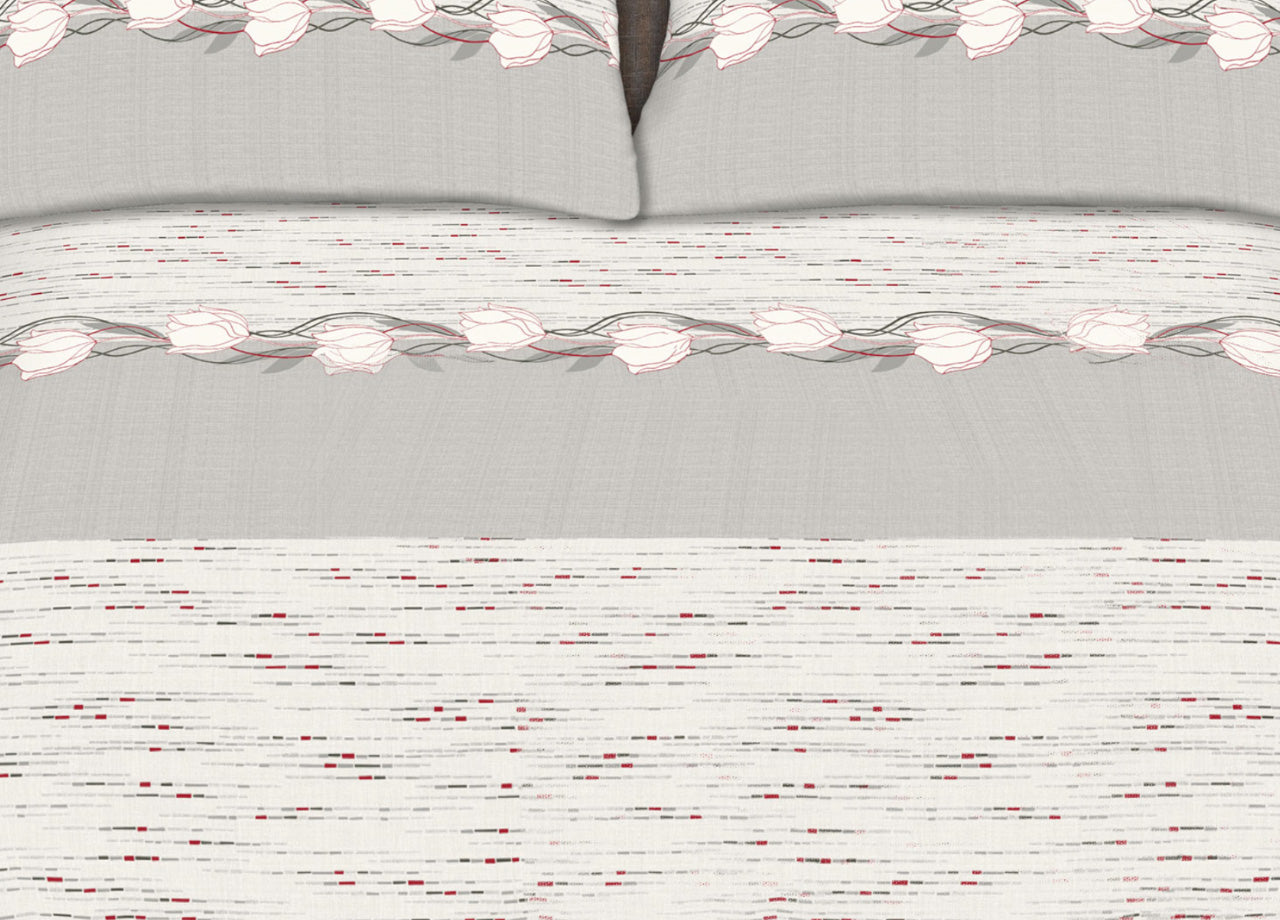 Completo Lenzuola Stiro Facile 100% Cotone Made Italy Effetto Seta Disegno Tulip - Matrimoniale - Grigio