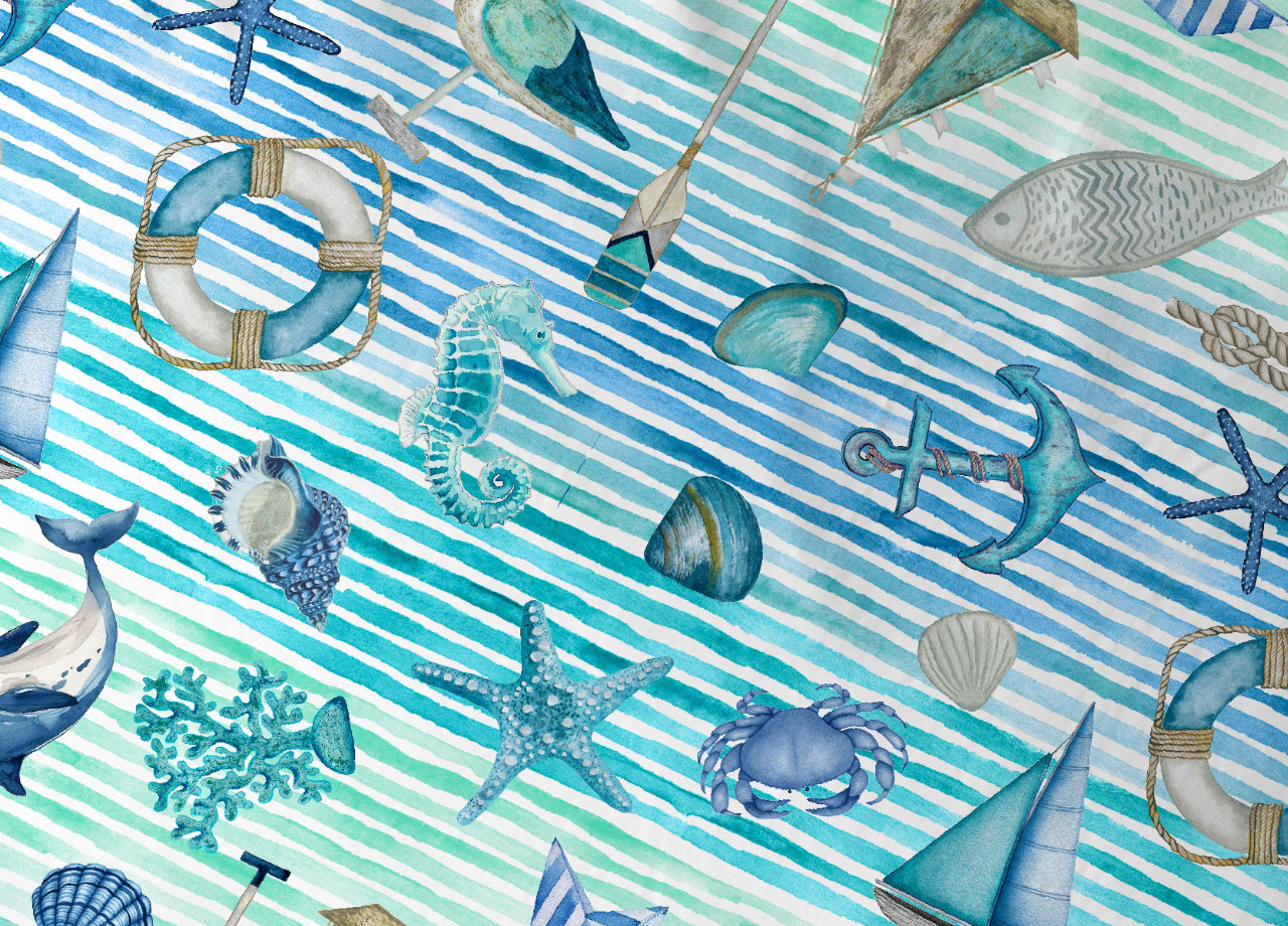 Sacco Copripiumino In 100% Cotone Made Italy Disegno Mare - Singolo - Azzurro
