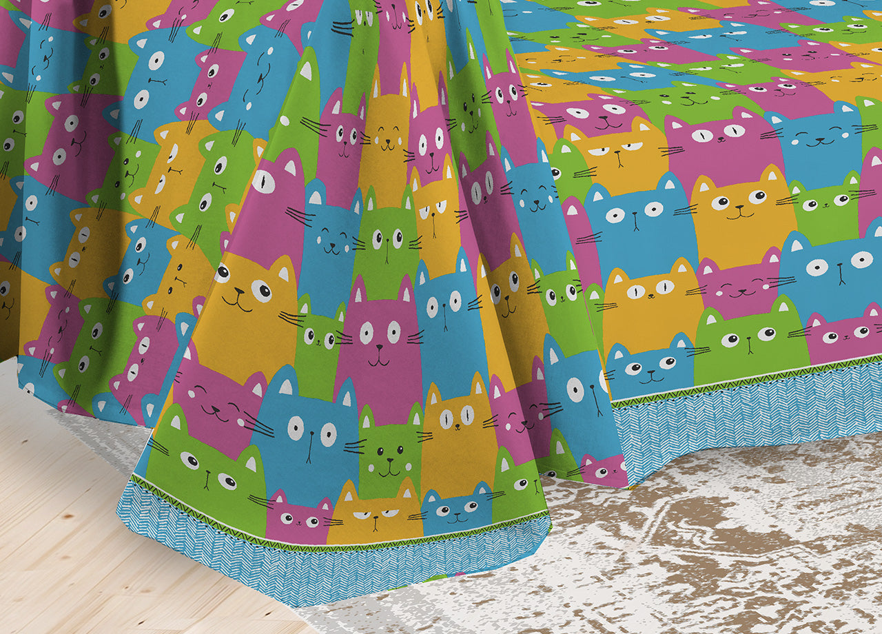 Telo Arredo Multiuso Linea Pensieri Delicati In Cotone Disegno Happy Cat Multicolor - Matrimoniale - Multicolor