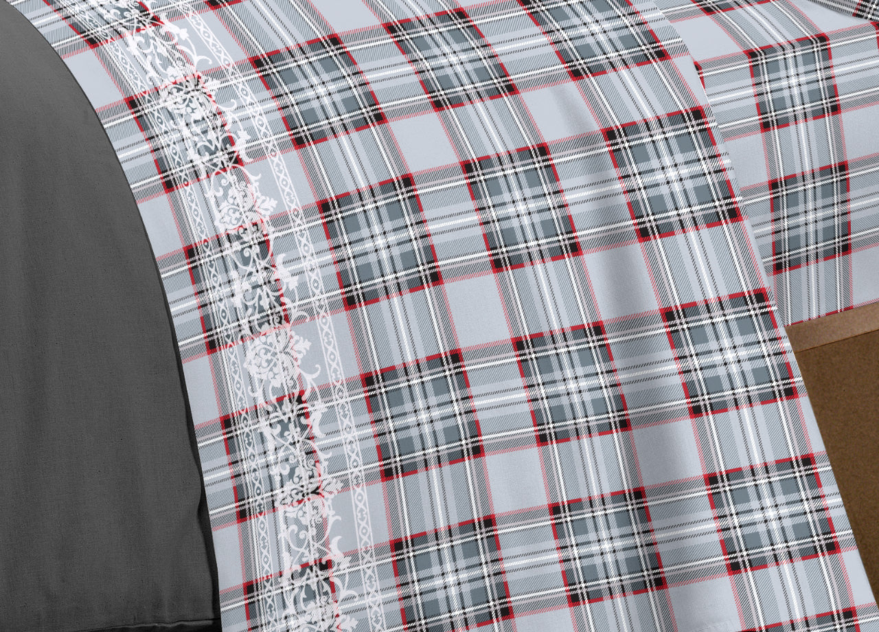 Completo Lenzuola Linea Pensieri Delicati 100% Cotone Disegno Orsetto Tartan - Piazza E Mezza - Grigio