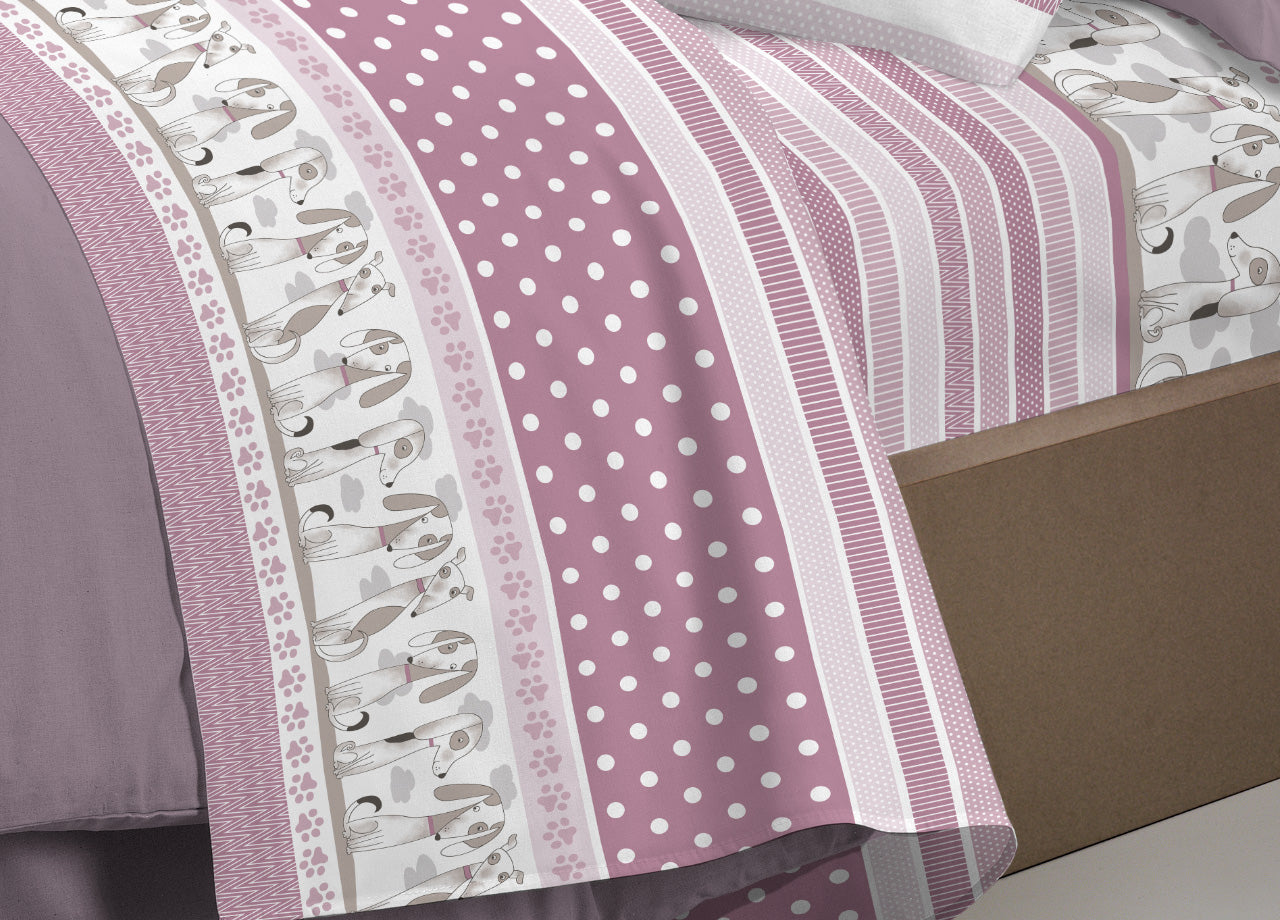 Completo Lenzuola Letto Pensieri Delicati 100% Cotone Dis. Bau Bau - Piazza E Mezza - Rosa