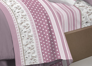 Completo Lenzuola Letto Pensieri Delicati 100% Cotone Dis. Bau Bau - Piazza E Mezza - Rosa