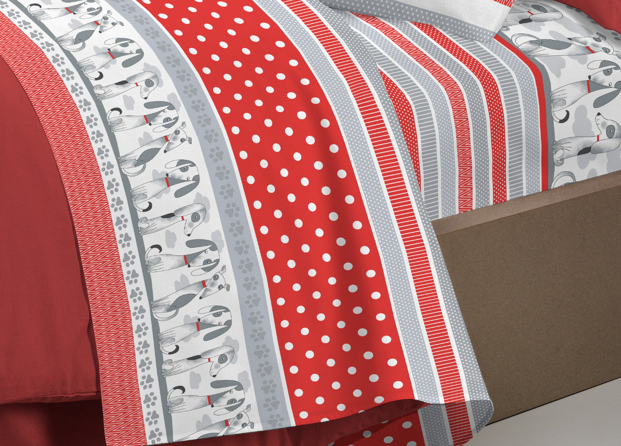 Completo Lenzuola Letto Pensieri Delicati 100% Cotone Dis. Bau Bau - Piazza E Mezza - Rosso