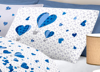Completo Lenzuola Linea Pensieri Delicati 100% Cotone Disegno Mongolfiera - Piazza E Mezza - Blu