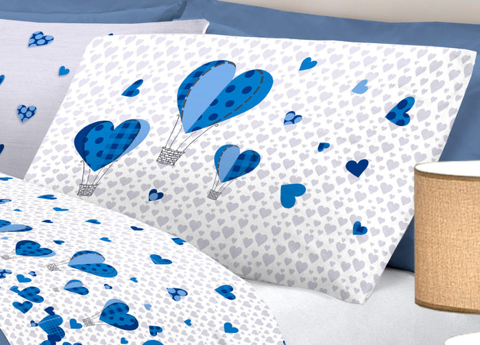Completo Lenzuola Linea Pensieri Delicati 100% Cotone Disegno Mongolfiera - Piazza E Mezza - Blu