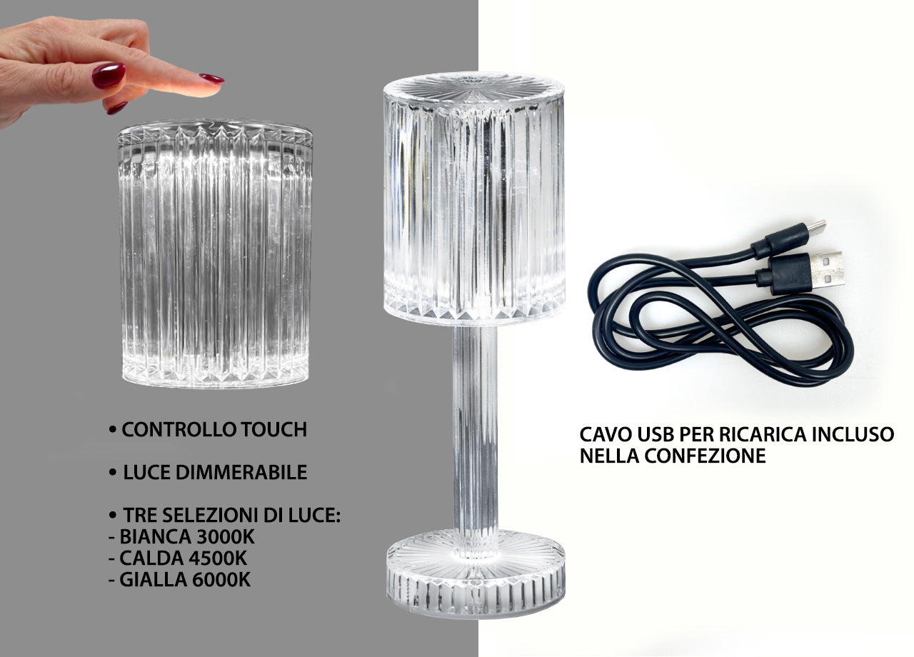 Lampada Led Da Tavolo Controllo Touch Ricaricabile Trasparente Crystal