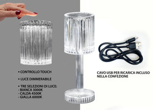 Lampada Led Da Tavolo Controllo Touch Ricaricabile Trasparente Crystal
