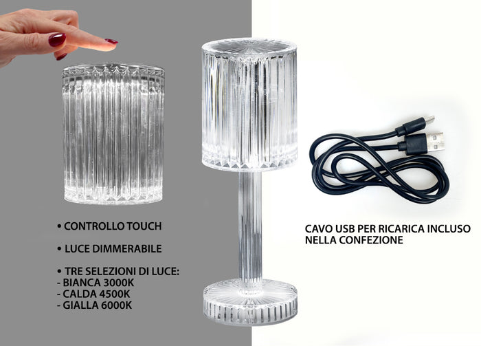 Lampada Led Da Tavolo Controllo Touch Ricaricabile Trasparente Crystal