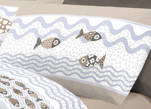 Completo Lenzuola Linea Pensieri Delicati 100% Cotone Disegno Pesciolini - Piazza E Mezza - Beige