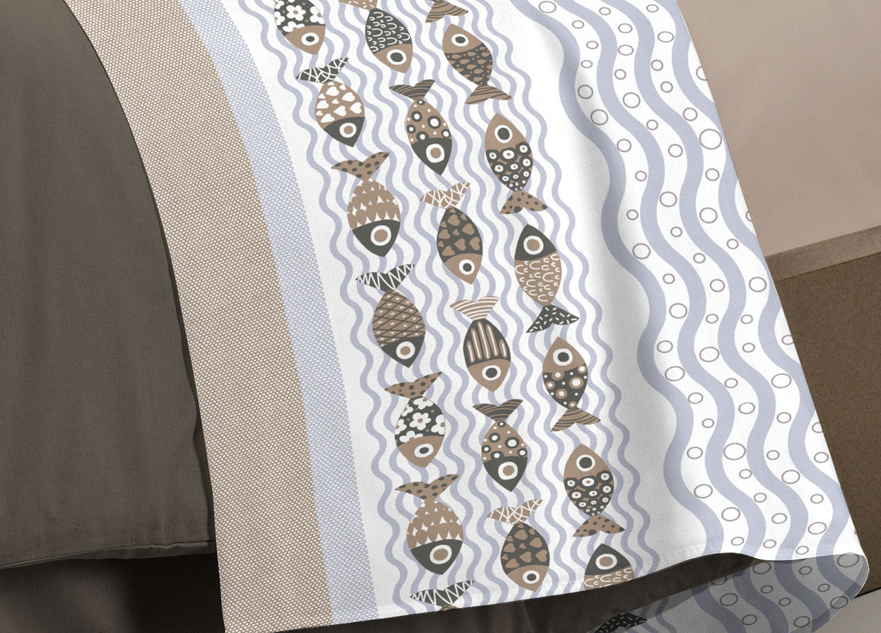 Completo Lenzuola Linea Pensieri Delicati 100% Cotone Disegno Pesciolini - Piazza E Mezza - Beige