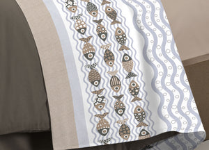 Completo Lenzuola Linea Pensieri Delicati 100% Cotone Disegno Pesciolini - Piazza E Mezza - Beige