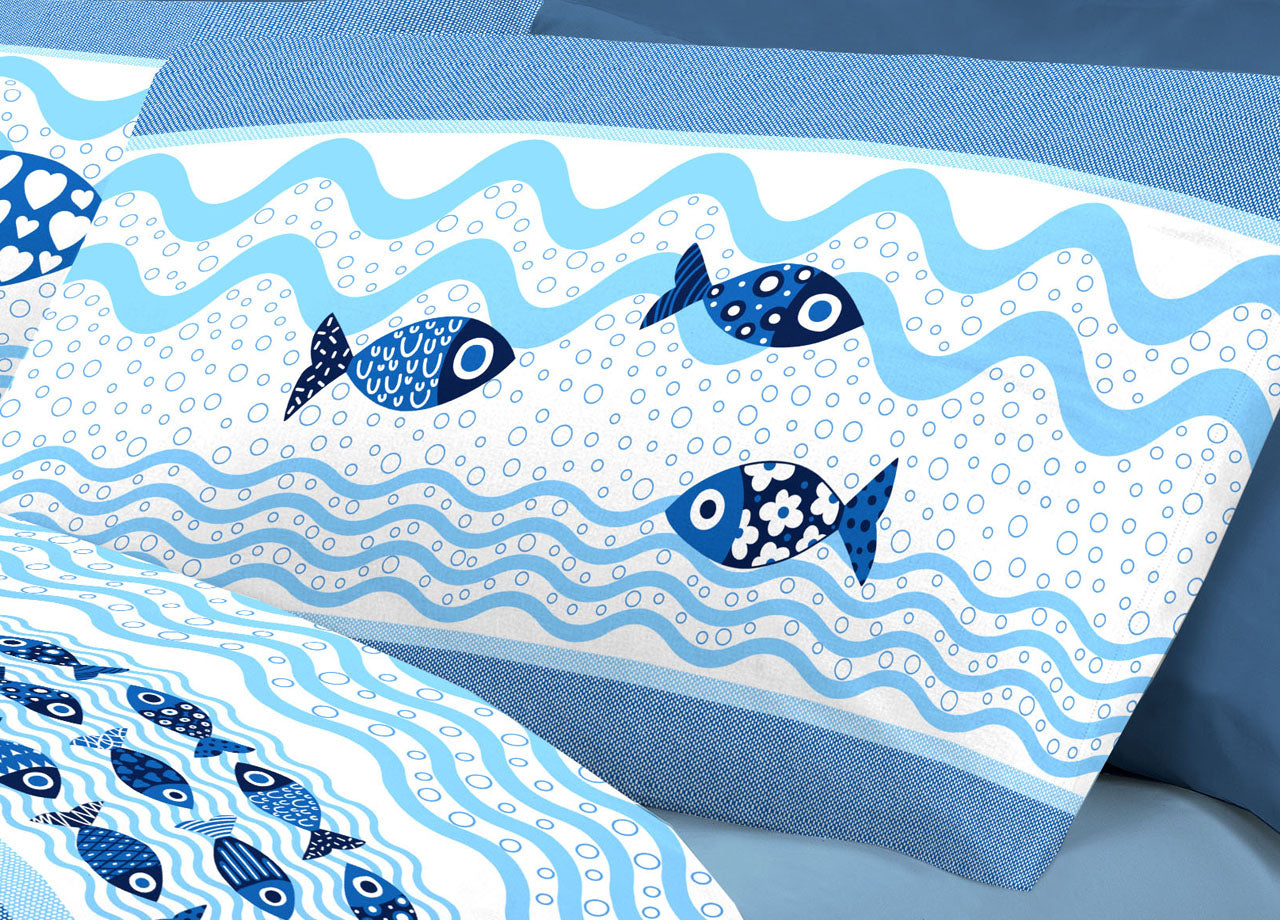 Completo Lenzuola Linea Pensieri Delicati 100% Cotone Disegno Pesciolini - Piazza E Mezza - Blu