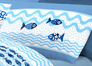 Completo Lenzuola Linea Pensieri Delicati 100% Cotone Disegno Pesciolini - Piazza E Mezza - Blu