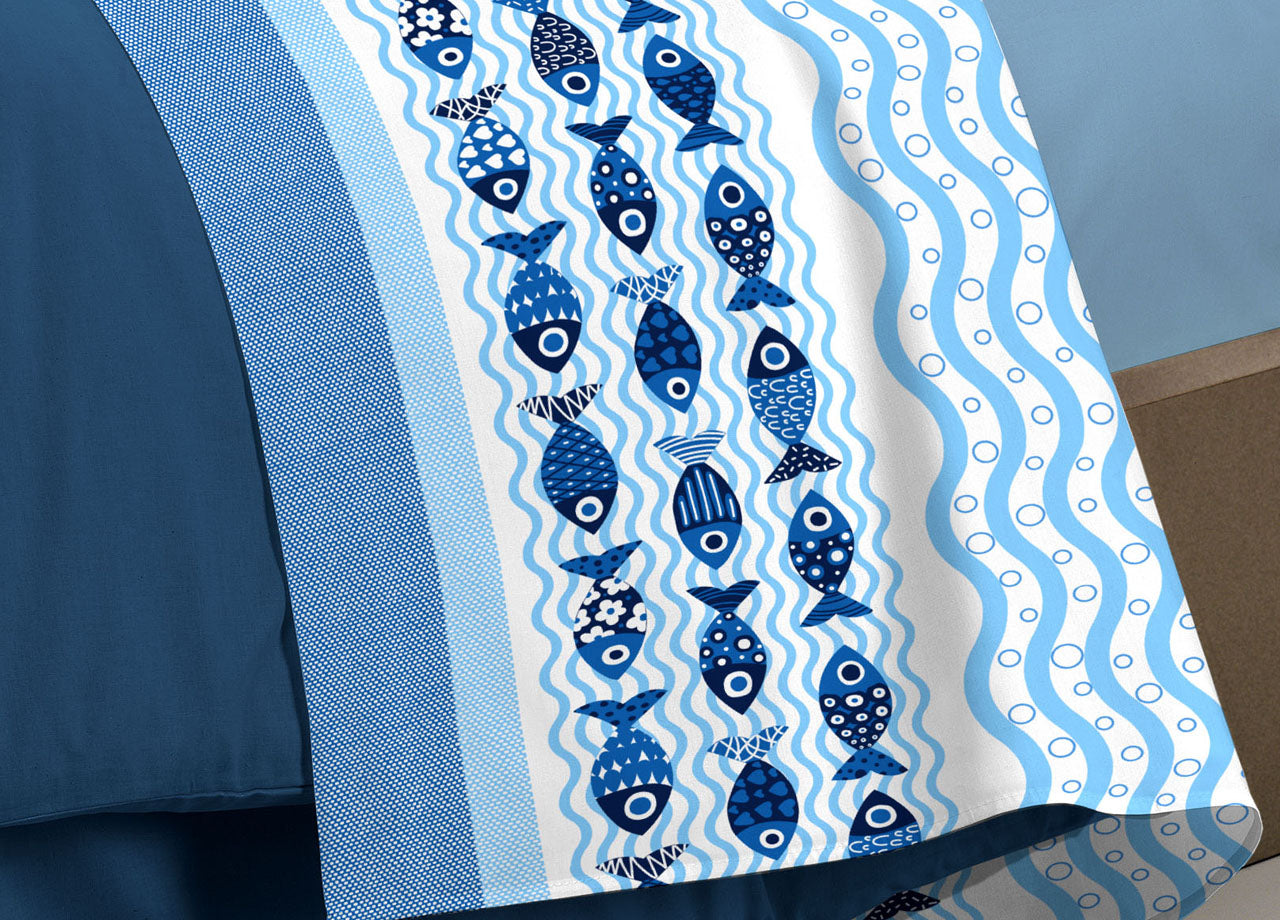 Completo Lenzuola Linea Pensieri Delicati 100% Cotone Disegno Pesciolini - Piazza E Mezza - Blu