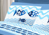 Completo Lenzuola Linea Pensieri Delicati 100% Cotone Disegno Pesciolini - Piazza E Mezza - Blu