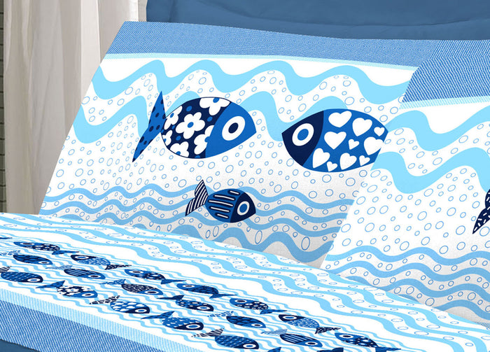 Completo Lenzuola Linea Pensieri Delicati 100% Cotone Disegno Pesciolini - Piazza E Mezza - Blu