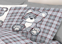 Completo Lenzuola Linea Pensieri Delicati 100% Cotone Disegno Orsetto Tartan - Piazza E Mezza - Grigio